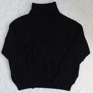 Retro Style Turtle Neck Black Fringe Knitted Sweater Size Medium